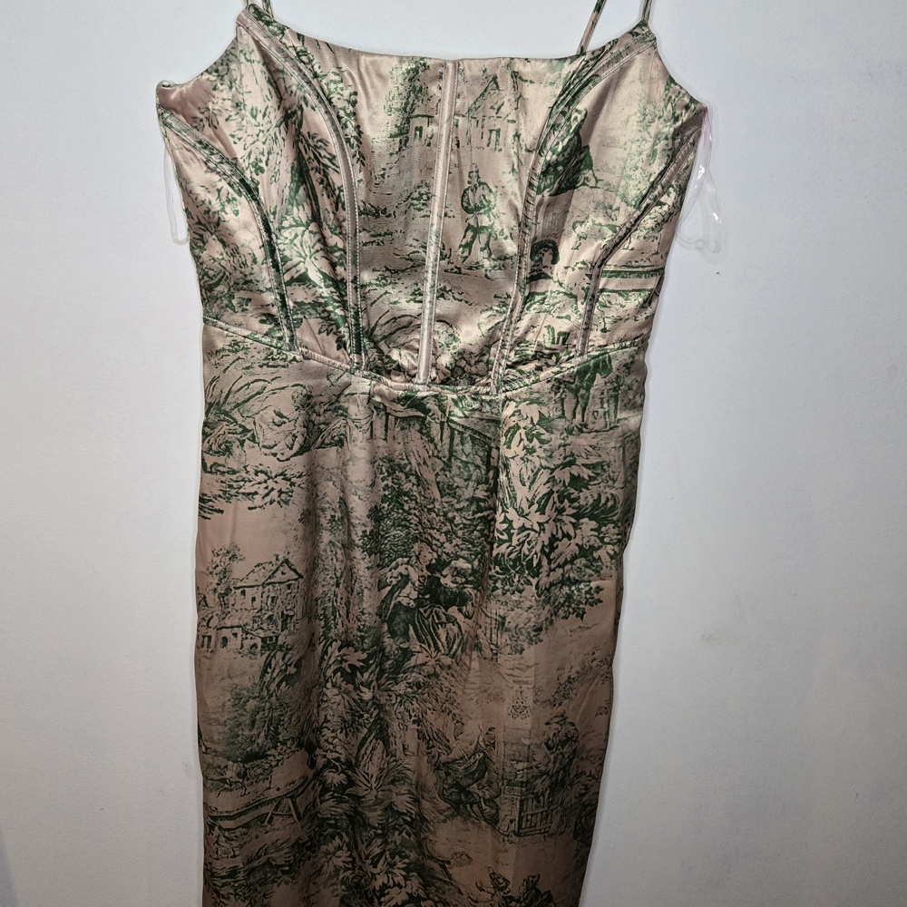 Fashion Nova Beige Midi Dress with Green Toile Print